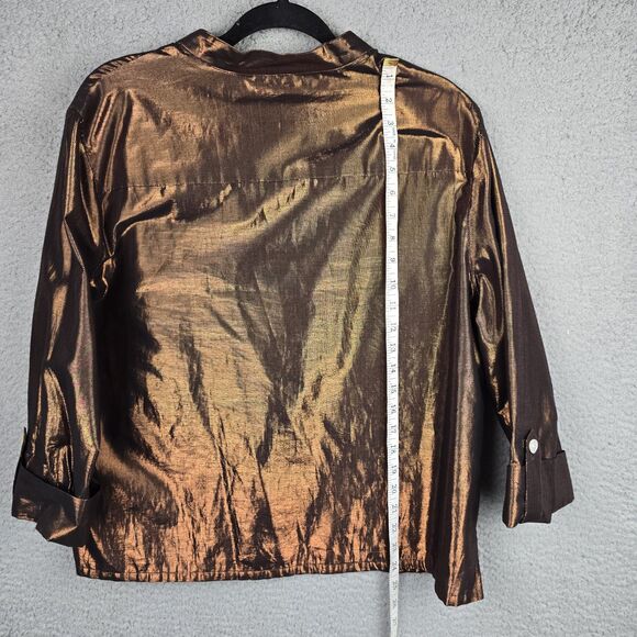 Ruby Rd Blouse Shirt Womens 18 Brown Metallic Button Up Roll Tab Sleeve Pockets - Picture 9 of 14